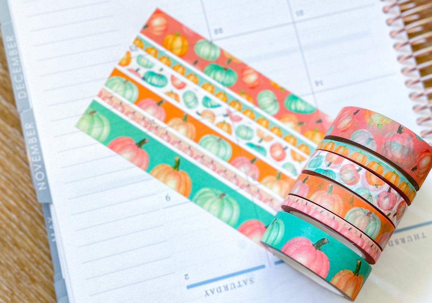 Pastel Boho Teal Pink & Orange Pumpkins Washi Tape Set (#W068)