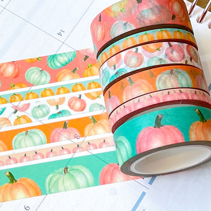 Pastel Boho Teal Pink & Orange Pumpkins Washi Tape Set (#W068)