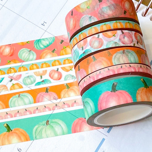 Pastel Boho Teal Pink & Orange Pumpkins Washi Tape Set (#W068)
