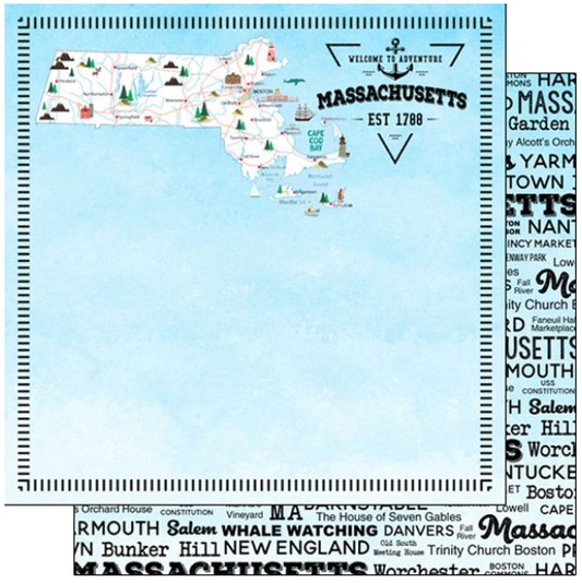 Massachusetts Postage Map Paper 12 x 12