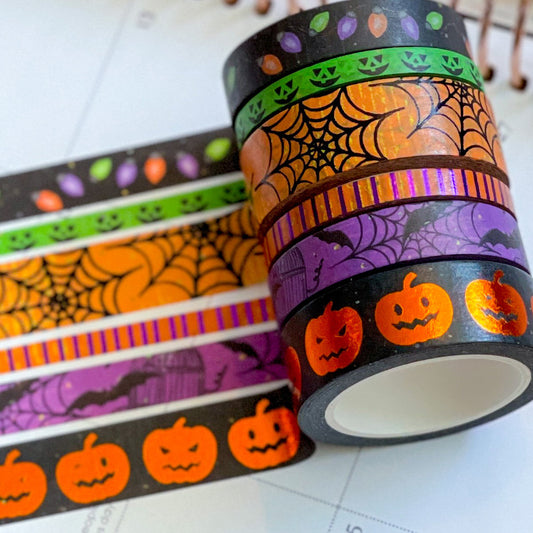 FOILED Halloween Pumpkins Spider Webs & Bats Orange & Black Washi Tape Set (#W069)