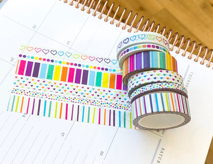 Rainbow Hearts & Stripes Polka Dots Washi Tape Set (#W001)