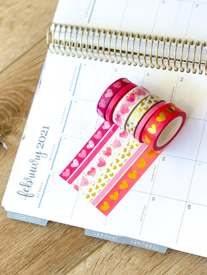 FOILED  Valentine's Pink & Gold Hearts Washi Tape Set (#W014)