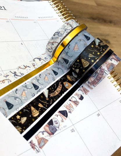 FOILED New Years Eve NYE Black & Gold Anniversary Washi Tape Set (#W004)