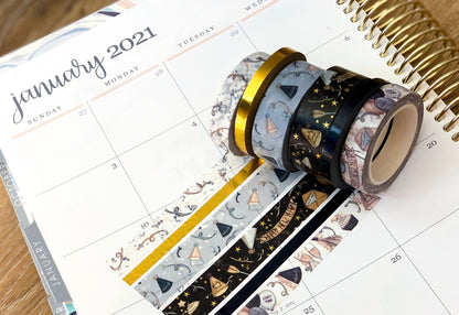 FOILED New Years Eve NYE Black & Gold Anniversary Washi Tape Set (#W004)