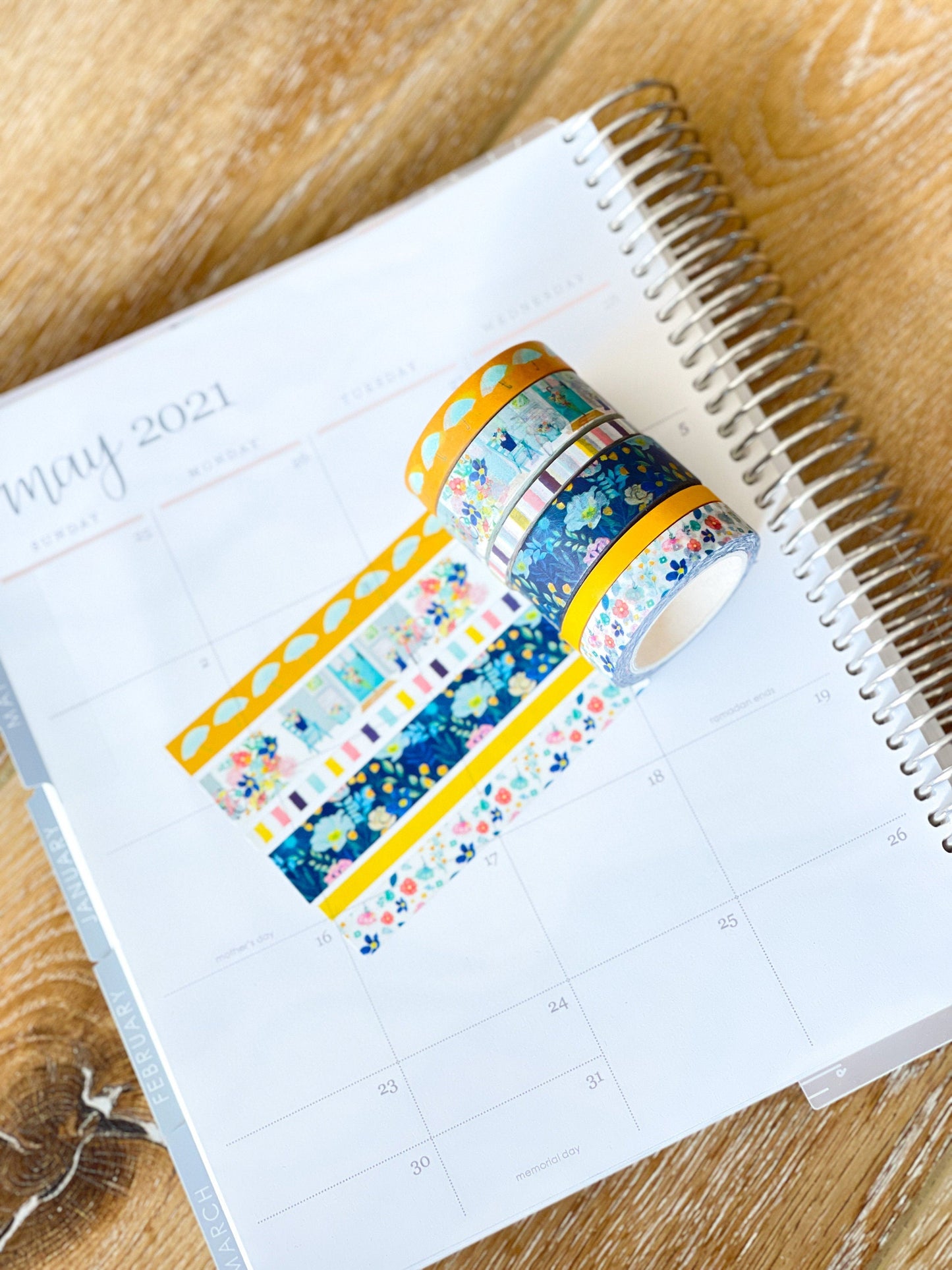 Spring Floral Yellow & Navy Blue Rain & Umbrellas Flowers Washi Tape Set (#W021)