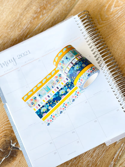 Spring Floral Yellow & Navy Blue Rain & Umbrellas Flowers Washi Tape Set (#W021)