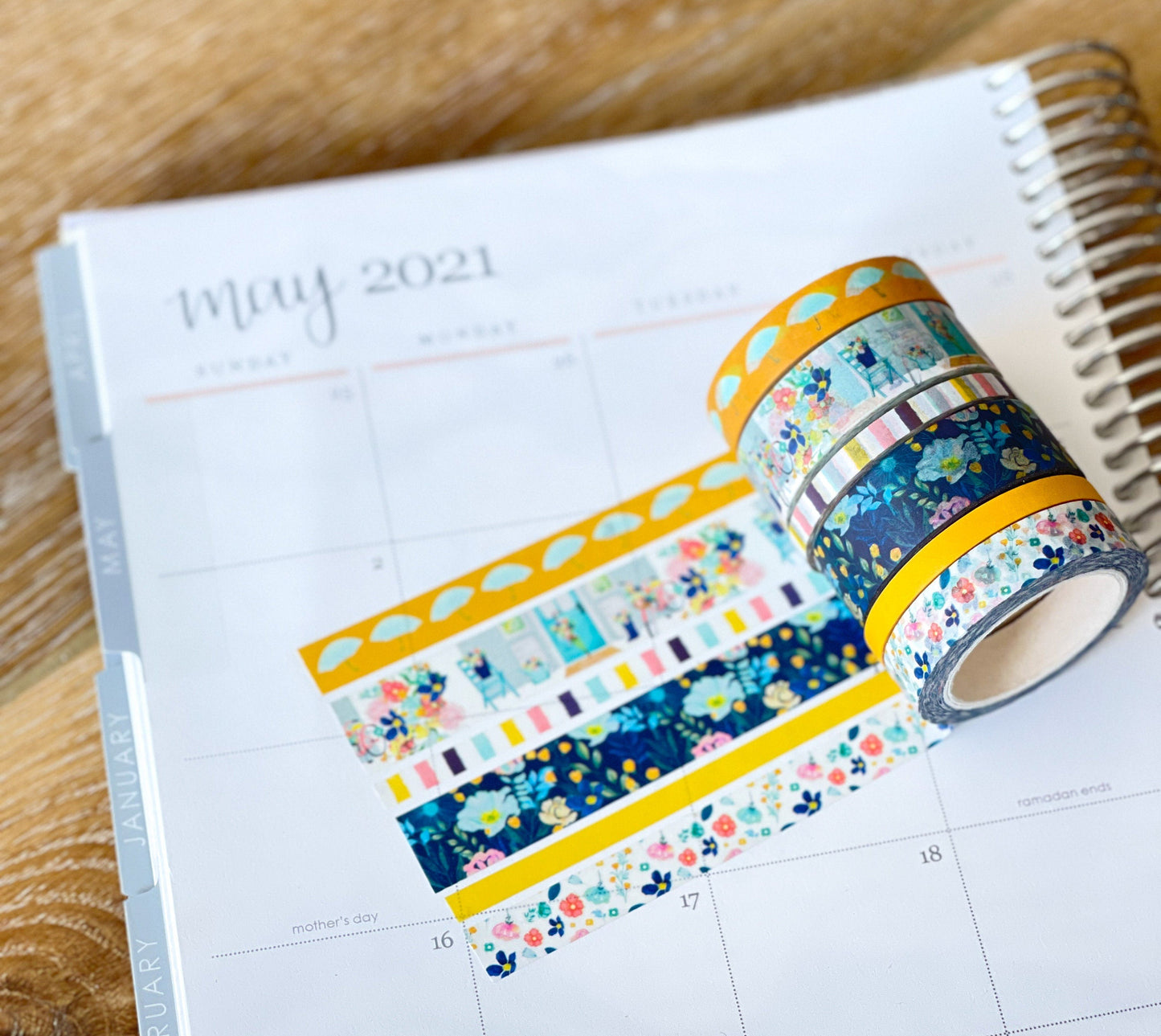 Spring Floral Yellow & Navy Blue Rain & Umbrellas Flowers Washi Tape Set (#W021)