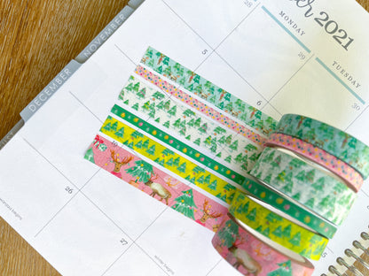 Christmas Washi Deer Reindeer Bright Pink & Green Lights Holiday Washi Tape Set  (#W037)