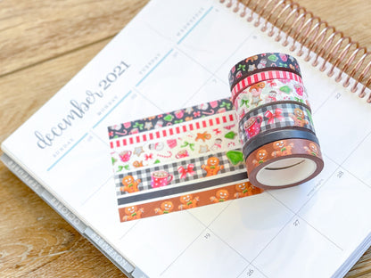 Gingerbread & Candy Canes Plaid Christmas Holiday Red & Green Washi Tape Set (#W039)