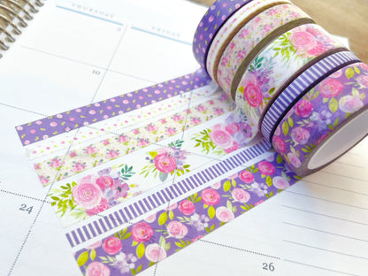 Purple Flowers & Stripes Spring Floral Washi Tape Set (#W046)