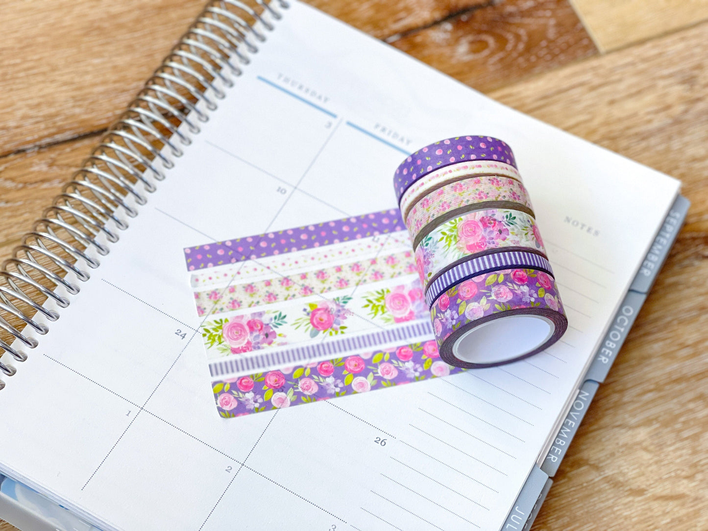 Purple Flowers & Stripes Spring Floral Washi Tape Set (#W046)