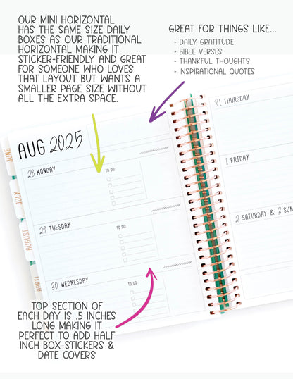 2025 Planner - Mini Horizontal Layout, Spiral Bound - "Teal Strokes" (#402)